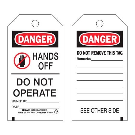Brady Brady Danger Hands Off Do Not Operate tag, 2 sided, 10/Pkg, Polyester, 3inW x 5-3/4inH 86522